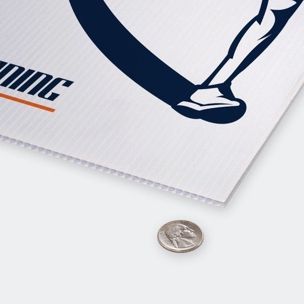 Close-up of a 4mm corrugated plastic sign next to a quarter for scale
