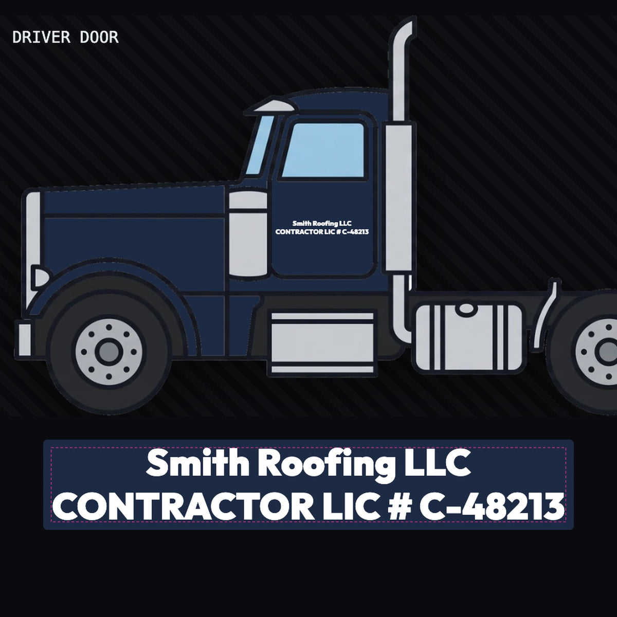 Contractor license number decal in white vinyl on a navy truck door