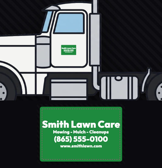Custom vehicle magnet on a truck door at true scale, plus the magnet close up