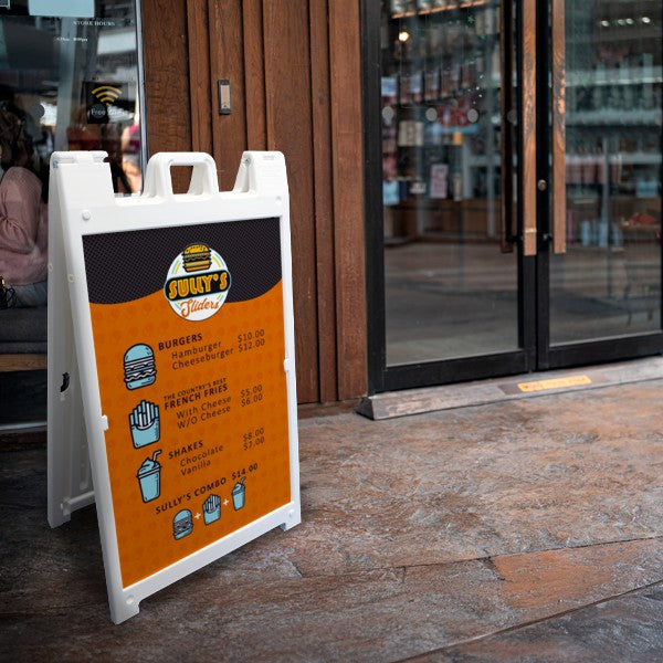 Signicade A-frame sidewalk sign with a full-color menu outside a restaurant door