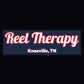 Boat name decal Reel Therapy, Knoxville TN, white script with red outline