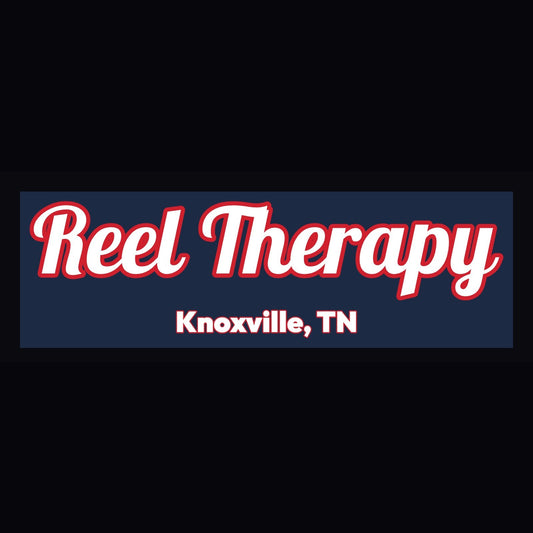 Boat name decal Reel Therapy, Knoxville TN, white script with red outline
