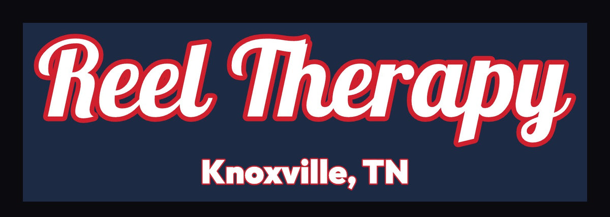 Boat name decal Reel Therapy, Knoxville TN, white script with red outline