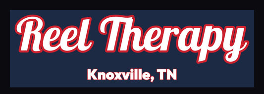 Boat name decal Reel Therapy, Knoxville TN, white script with red outline