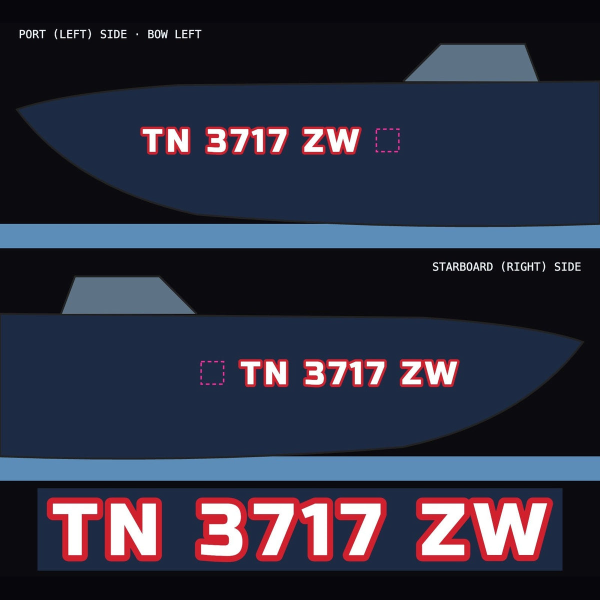 Boat registration numbers TN 3717 ZW, white with red outline, port and starboard