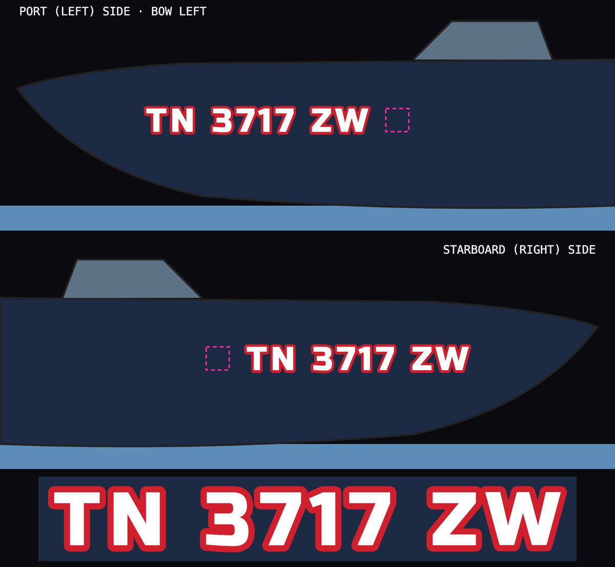 Boat registration numbers TN 3717 ZW, white with red outline, port and starboard