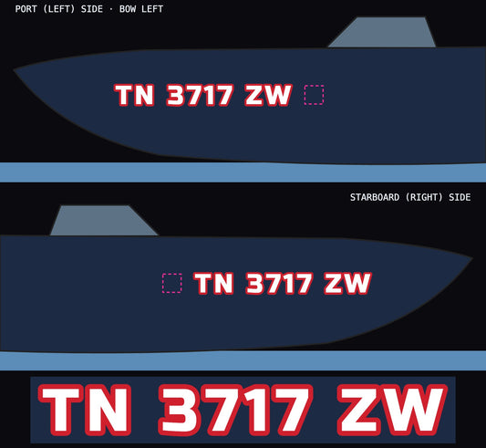 Boat registration numbers TN 3717 ZW, white with red outline, port and starboard