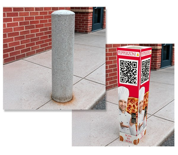 Plain concrete bollard before and after a printed bollard cover