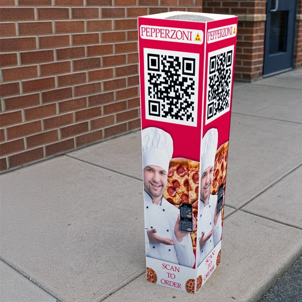 Full-color bollard cover for a pizza shop with a QR code to order