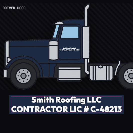 Contractor license number decal in white vinyl on a navy truck door