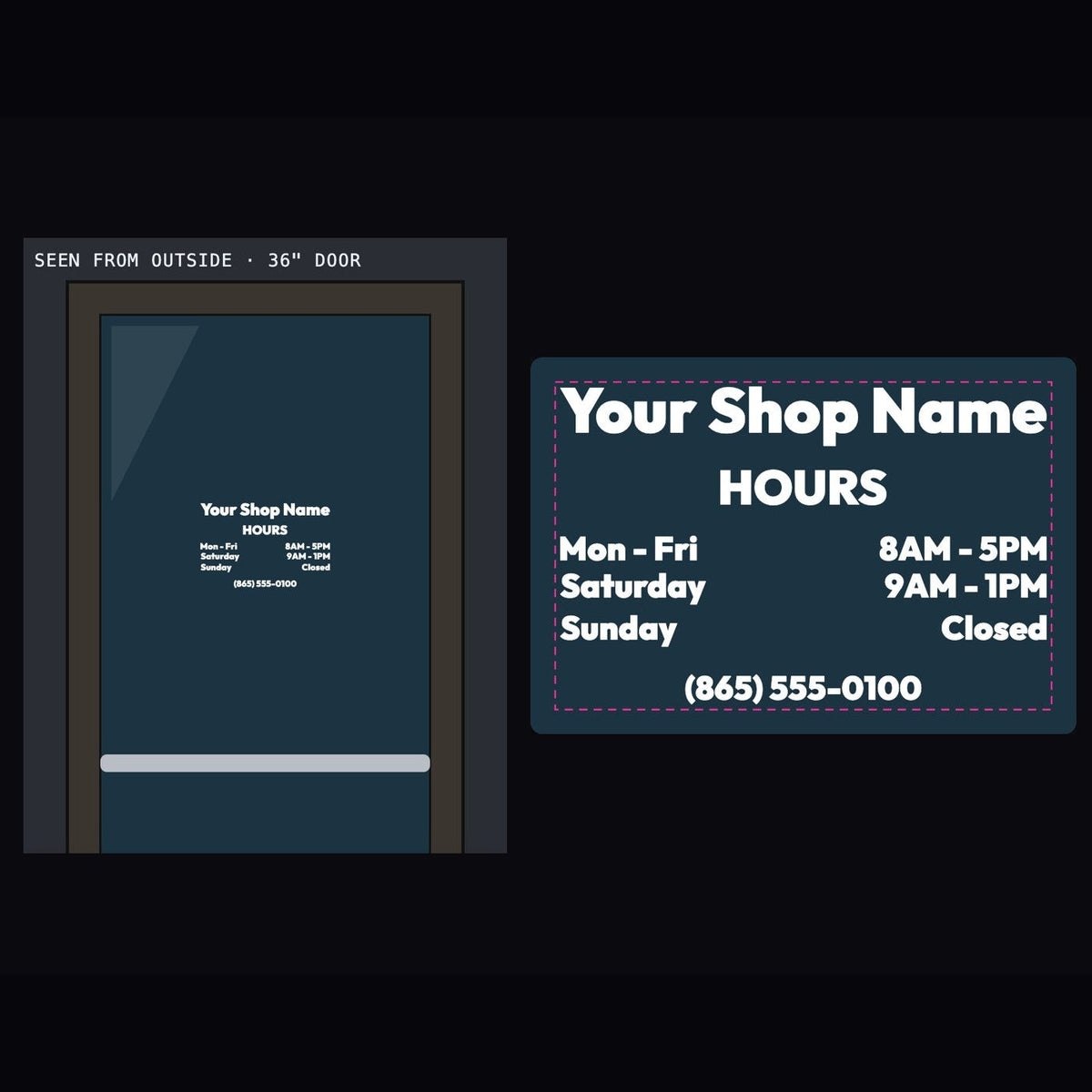 White vinyl business hours decal on a storefront glass door, plus the decal close up