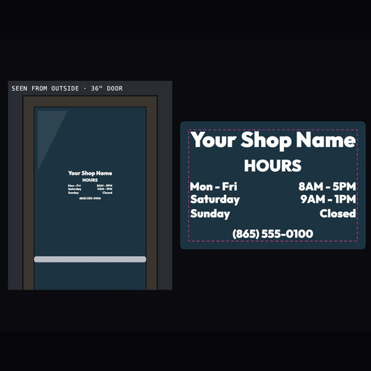White vinyl business hours decal on a storefront glass door, plus the decal close up