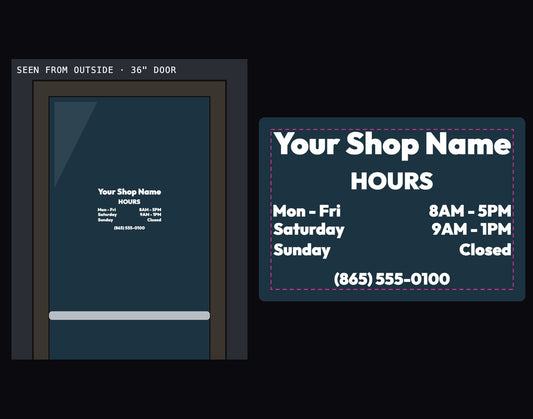 White vinyl business hours decal on a storefront glass door, plus the decal close up