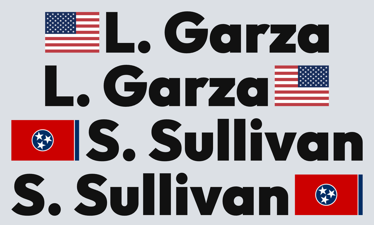 Driver name decals in black letters only, no border: L. Garza with US flag and S. Sullivan with Tennessee flag, by Beaver Slaps