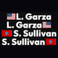 Driver name decals: L. Garza with US flag and S. Sullivan with Tennessee flag, white letters on black, by Beaver Slaps