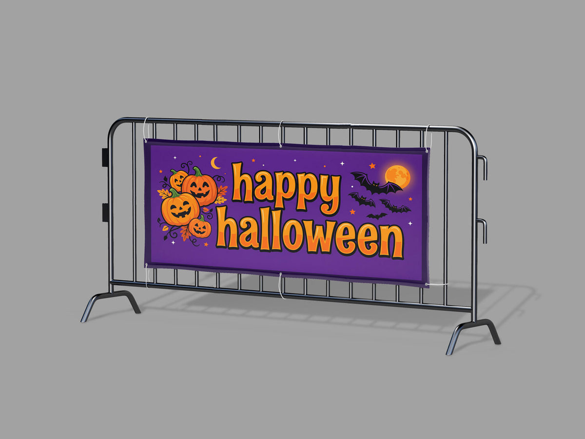 Custom 3x6 Happy Halloween vinyl banner with correct 6-grommet finishing on an event barricade, by Beaver Slaps