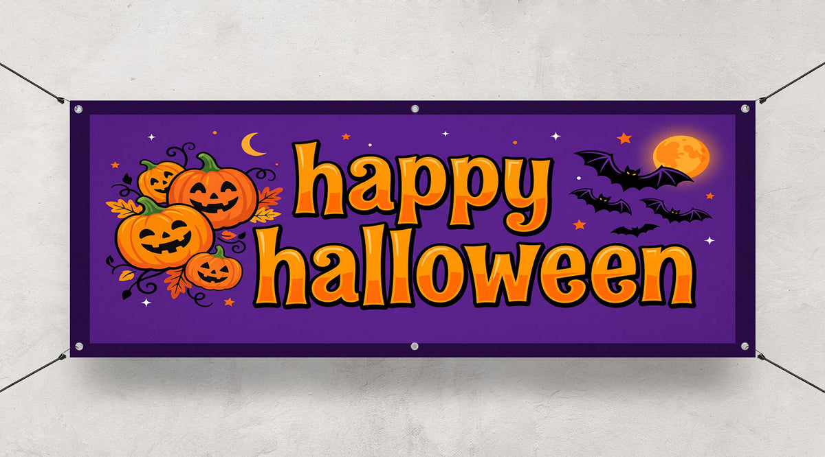 Custom Happy Halloween 3x6 vinyl banner with grommets, example from Beaver Slaps