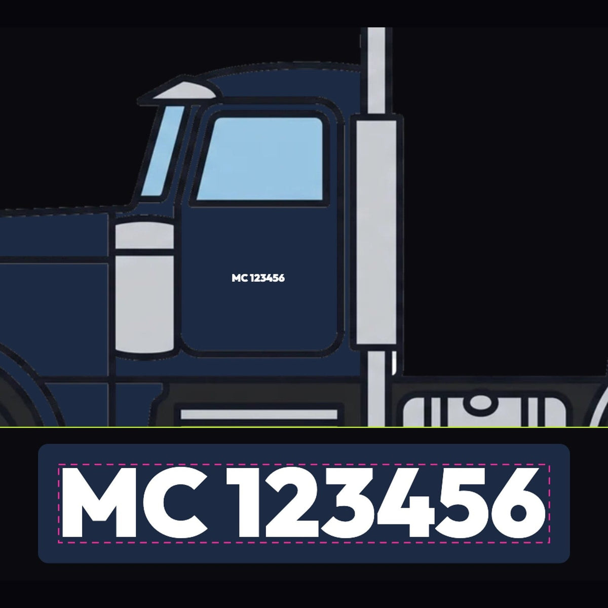 MC Number Decals on a truck door, shown at true scale, plus the decal close up