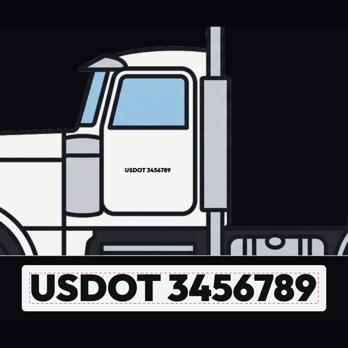 USDOT Number Decals on a truck door, shown at true scale, plus the decal close up