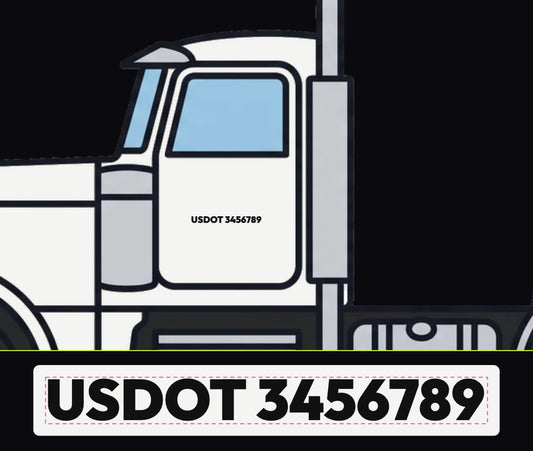 USDOT Number Decals on a truck door, shown at true scale, plus the decal close up