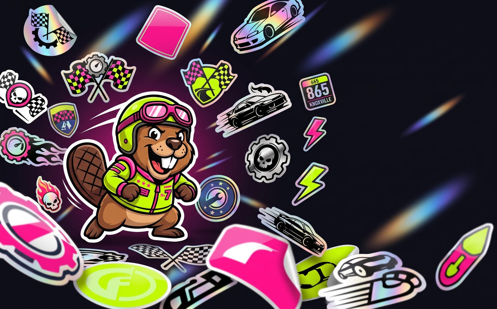 Beaver Slaps racing beaver mascot in magenta and lime surrounded by holographic die-cut car and racing stickers